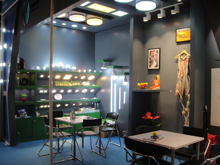 Lighting display cases and tables inside the KAIFON stand.