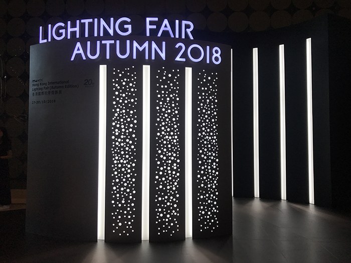 Illuminated entrance display reading Lighting Fair Autumn 2018.