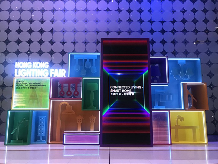 Illuminated Hong Kong International Lighting Fair event display.