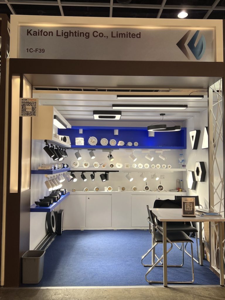 KAIFON exhibition stand with blue and white lighting displays.