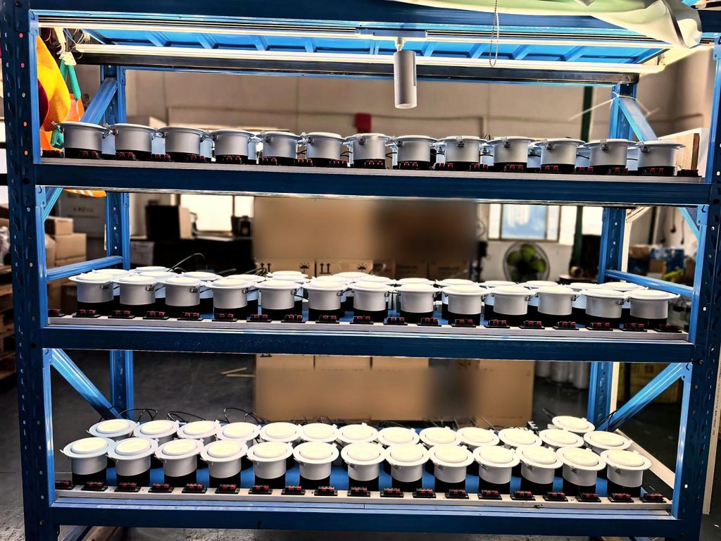 Downlights powered on during aging at the KAIFON factory